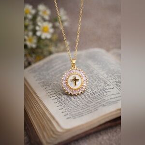 Gold Cut-Out Cross Medallion Necklace with Mother-of-Pearl & CZ Halo